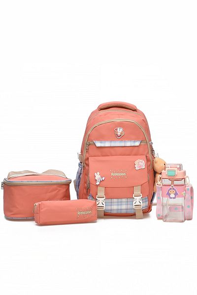 ELATAE Children's 4-Piece School Set Primary School Bag & Thermal Lunch Bag & Pen Holder & Water Bottle 1396