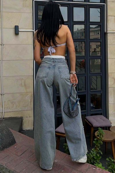 FashionForYou Blugi Qatar cu croială largă, cu talie elastică și aspect pre-spălat, albastru vintage, 40