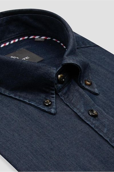 Abbate Gino Denim Lyocell Comfort Fit Navy Blue Button Collar Men's Plain Shirt