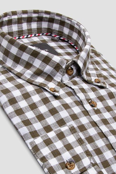 Abbate Sorento Linen Linen Comfort Fit Green Button Collar Men's Checkered Shirt