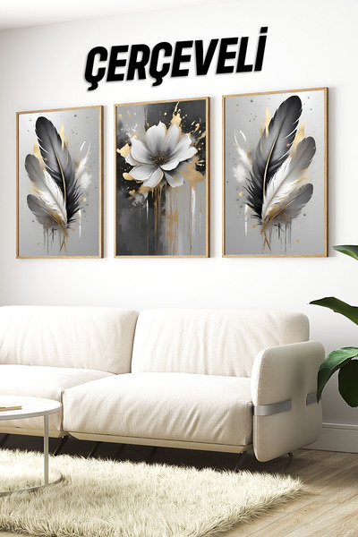 kutuTR 🖼️ Siyah Gri Altın Detaylı Tüy ve Çiçek Temalı 3'lü Ahşap Çerçeveli M...