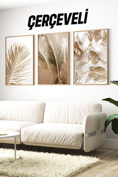 kutuTR 🌿 Altın Tonlarda Tropikal Yaprak Temalı 3’lü Çerçeveli Tablo Seti🌿 C...