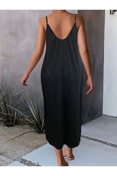 Moderie Butik Women's Rope Strap Wide V-Neck Pocket Viscose Dress