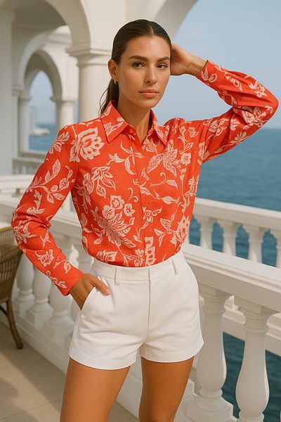Rich Women's Pomegranate Flower Floral Patterned Poplin Hidden Button Detailed Slim Fit Trend Shirt