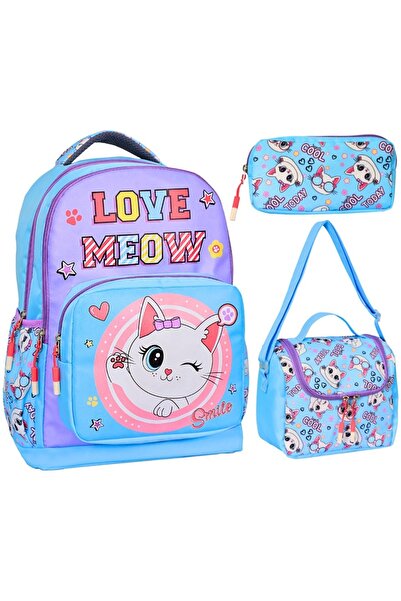 Alfa MEC Kedi Baskılı Mavi, 3’Lü İlkokul Kız Çocuk Beslenmeli Ve Kalemlikli Okul Çantası