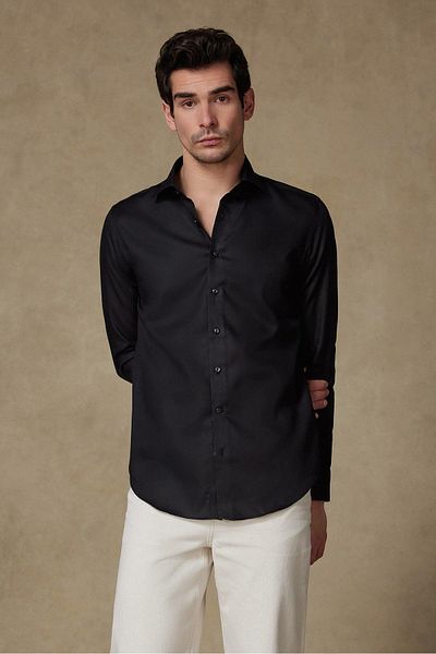Abbate Donatello Satin Cotton Slim Fit Black Classic Collar Men's Plain Shirt