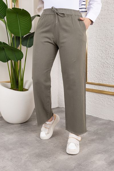 Nevayla Moda Elastic Waist Linen Trousers - Khaki / A0104