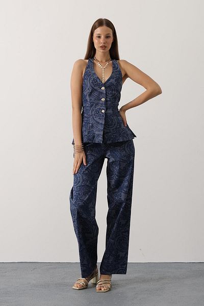 Le Savu Shilsee Shal Patterned Decoletted Denim Suit Dark Blue