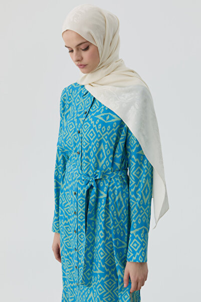 Tuğba Yırtmaçlı Desenli Uzun Tunik - Yeşil