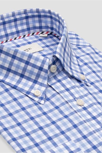 Abbate Dante Poplin Cotton Comfort Fit Light Blue Button-Down Collar Men's Checkered Shirt