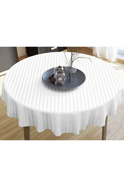 Pucioasa Round striped damask tablecloth, 100% cotton, 160 cm, white