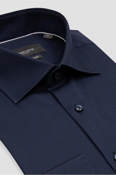 Abbate Donatello Satin Cotton Slim Fit Navy Blue Classic Collar Men's Plain Shirt