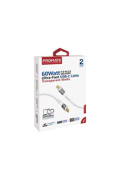 Promate 60W Super Fast Charging Type-C Cable with Gold-Plated Transparent Charging Head Supports Data Transfer