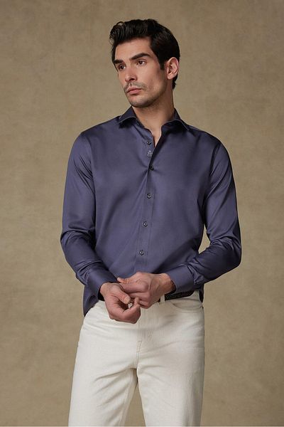 Abbate Donatello Satin Cotton Slim Fit Anthracite Classic Collar Men's Plain Shirt