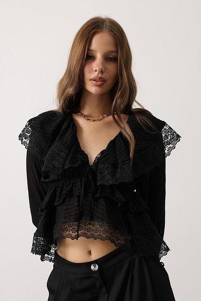 Le Savu Shilsee Women's Lace Ruffle Bohemian Bluz Black