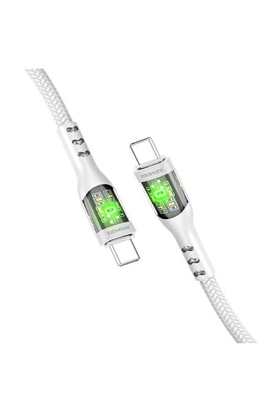 Promate 60W Super Fast Charging Type-C Cable with Gold-Plated Transparent Charging Head Supports Data Transfer