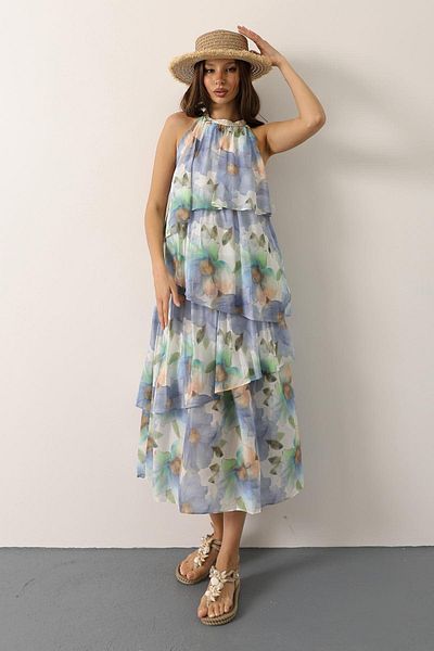 Le Savu Rochie SHILSEE FĂRĂ MÂNĂ CU IMPRIMARE FLORALĂ CU CĂPTUȘEALĂ PĂRĂȚĂ ALBASTRU BEBE