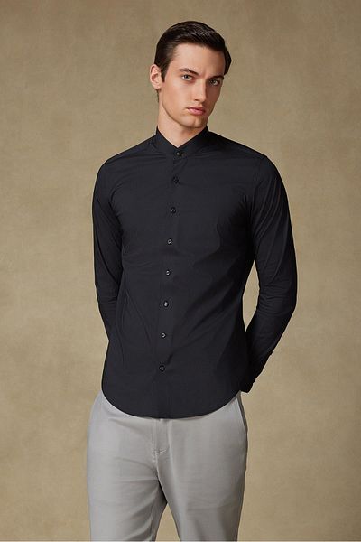 Abbate Mao Poplin Stretch Cotton Blended Slim Fit Black Judge Collar Men's Solid Shirt