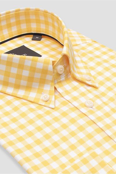 Abbate Lusso Twill Cotton Comfort Fit Yellow Button Collar Men's Checkered Shirt