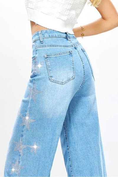 FashionForYou Blugi evazați cu sclipici Spokane, imprimeu grafic cu accente de sclipici, albastru deschis, S