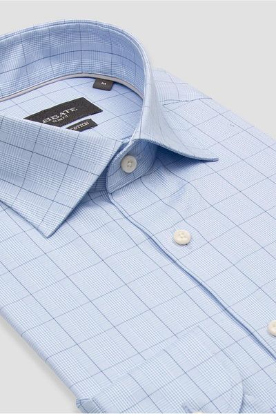 Abbate Donatello Poplin Cotton Slim Fit Light Blue Classic Collar Men's Checkered Shirt