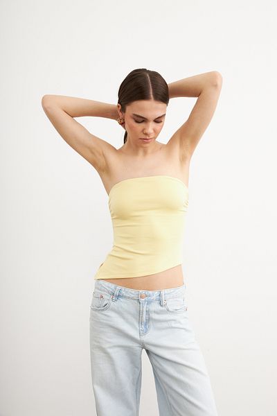 Ladima Women's Gathered Asymmetrical Strapless Butter Yellow Blouse