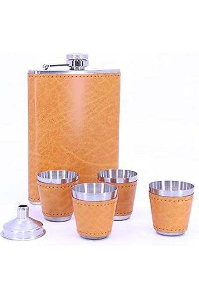 AMAZON TOHUM Stainless Steel Leather Covered Flask Set with Four Shot Glasses - Orange