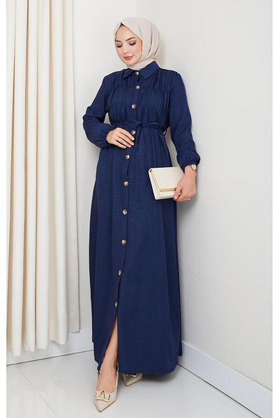 HARMAN BUTİK Women's Gathered Detailed Belted Buttoned Navy Blue Dress