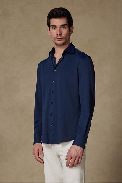 Abbate Rico Performance Polyamide Blended Comfort Fit Navy Blue Classic Collar Men's Plain Shirt