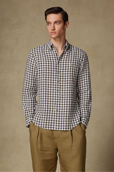 Abbate Sorento Linen Linen Comfort Fit Green Button Collar Men's Checkered Shirt
