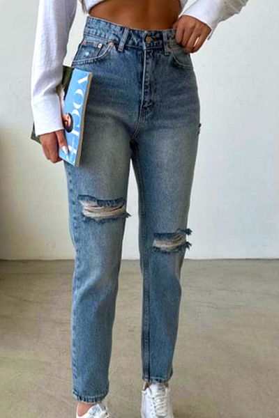 FashionForYou Blugi SEUL slimfit pentru mom, cu aspect pre-spălat și perforații, Albastru deschis, 34