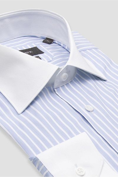 Abbate Sartoria Poplin Stretch Cotton Blend Slim Fit Light Blue Italian Collar Men's Striped Shirt