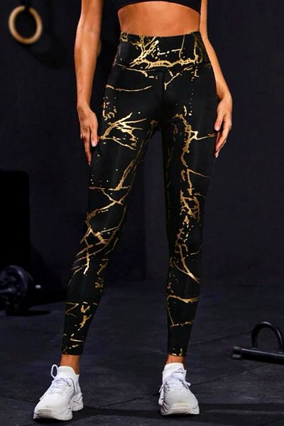 FashionForYou Colanți fitness aurii metalici, cu bandă modelatoare lată și imprimeu auriu, mărime L