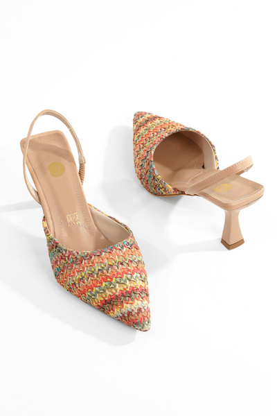 PAYZİN '' RENGİN '' Kilim Desenli Sivri Burunlu Arka Açık 9 cm Kadeh Ökçe Kadın Ayakkabısı Yeni Sezon