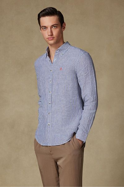 Abbate Sorento Linen Linen Comfort Fit Dark Blue Button Collar Men's Striped Shirt