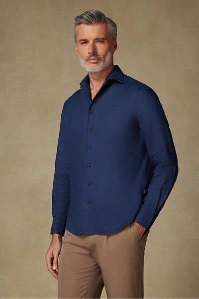 Abbate Bella Linen Linen Comfort Fit Navy Blue Mostra Collar Men's Plain Shirt