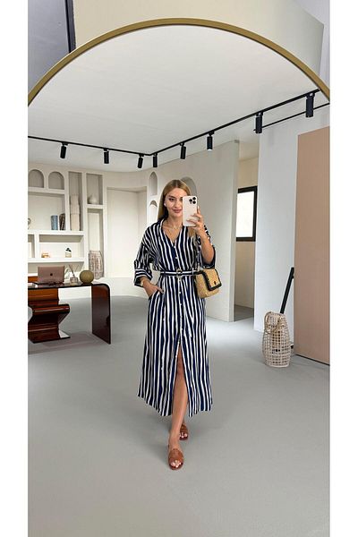 Sezgi Tekin Belt Detail Navy Blue Striped Shirt Dress