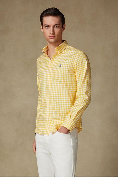 Abbate Lusso Twill Cotton Comfort Fit Yellow Button Collar Men's Checkered Shirt