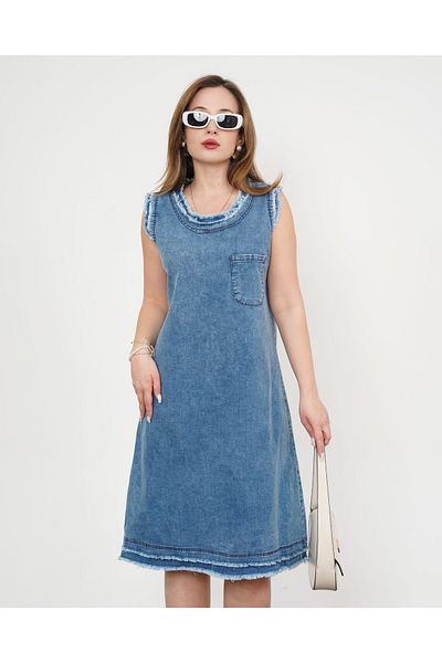 Pamuk Butik Women's Tasseled Crew Neck Denim Dress