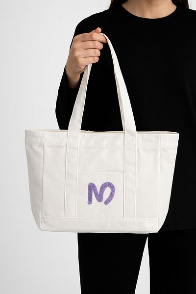UCCELLO White Tote Bag with N Logo - Beach Bag, Thick Fabric, Orange Lining, Shoulder Strap