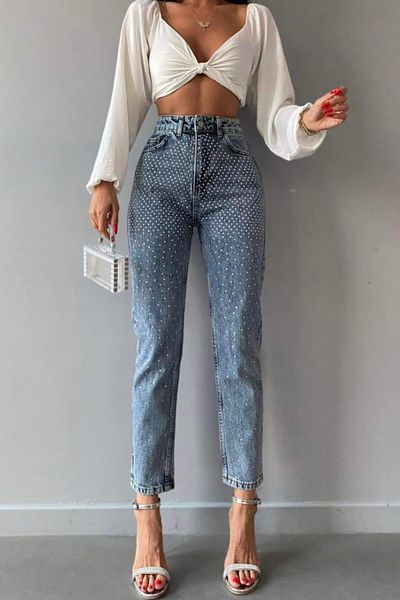 FashionForYou Blugi glim mom fit, talie înaltă, paiete în față, buzunare și croială conică, Albastru, 34