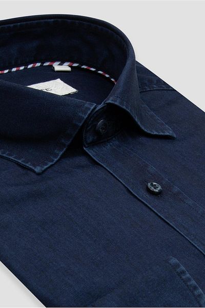 Abbate Fabio Denim Cotton Comfort Fit Navy Blue Classic Collar Men's Straight Shirt