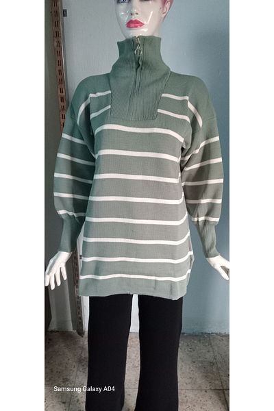 LocaMz Copy - Collar Zippered Striped Knitwear Tunic