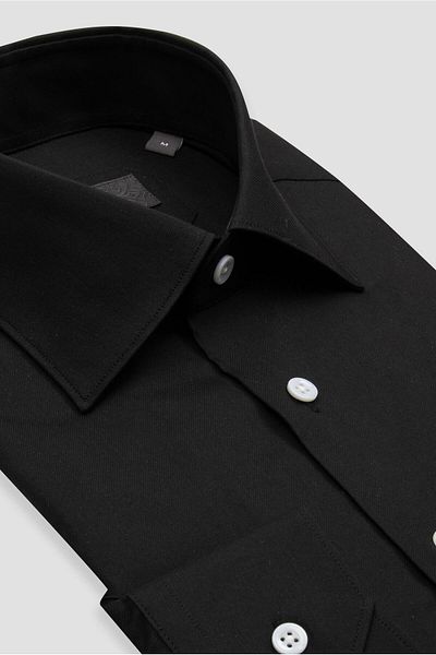 Abbate Sartoria Poplin Stretch Cotton Blend Slim Fit Black Italian Collar Men's Solid Shirt