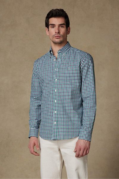 Abbate Dante Poplin Cotton Comfort Fit Green Button Collar Men's Checkered Shirt