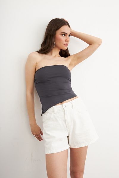 Ladima Women's Gathered Asymmetrical Strapless Anthracite Blouse