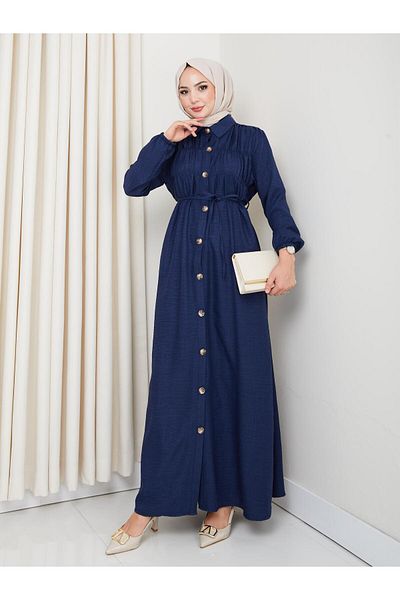 HARMAN BUTİK Women's Gathered Detailed Belted Buttoned Navy Blue Dress