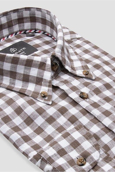 Abbate Sorento Linen Linen Comfort Fit Brown Button Collar Men's Checkered Shirt