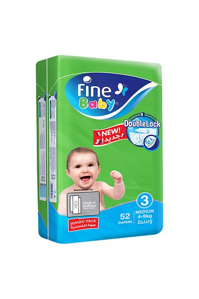 FINE Baby Diapers, Size 3, Medium, 4-9 kg, Jumbo Pack, 52 Diapers
