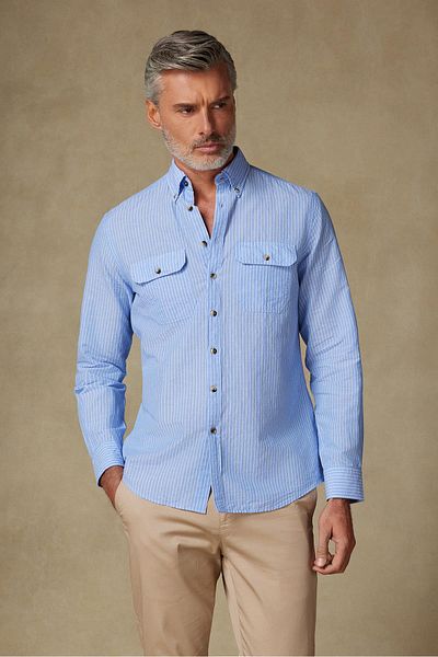 Abbate Alba Linen Cotton Linen Blended Comfort Fit Blue Button Collar Men's Striped Shirt